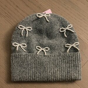 NWT Gray Beanie with Pearl Bow Accents